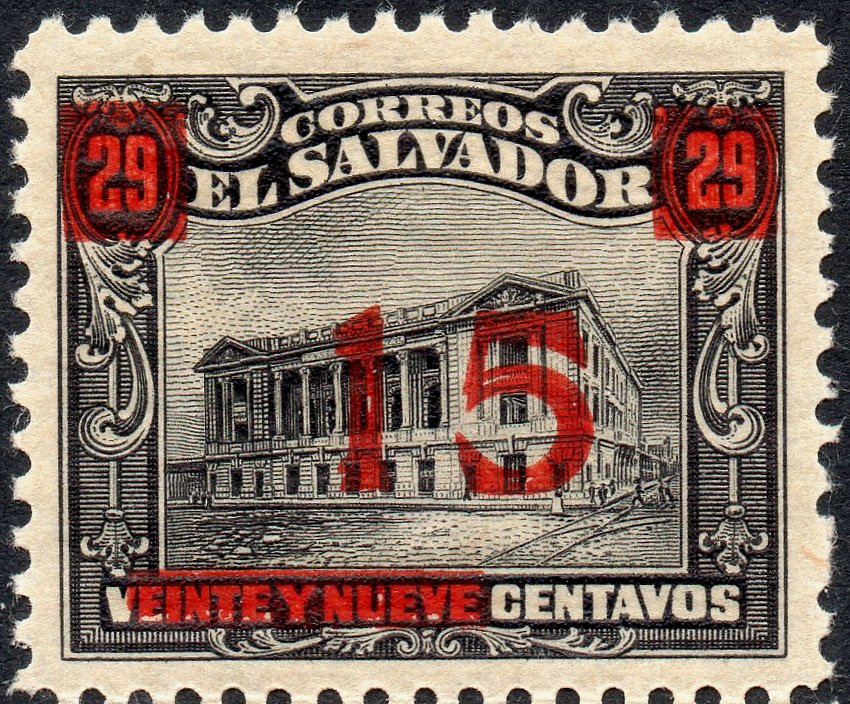 sellos timbres-poste Briefmarken stamps El Salvador 1919 Centavo surcharges on Tram Trolley Tranvia National Theatre teatro nacional 